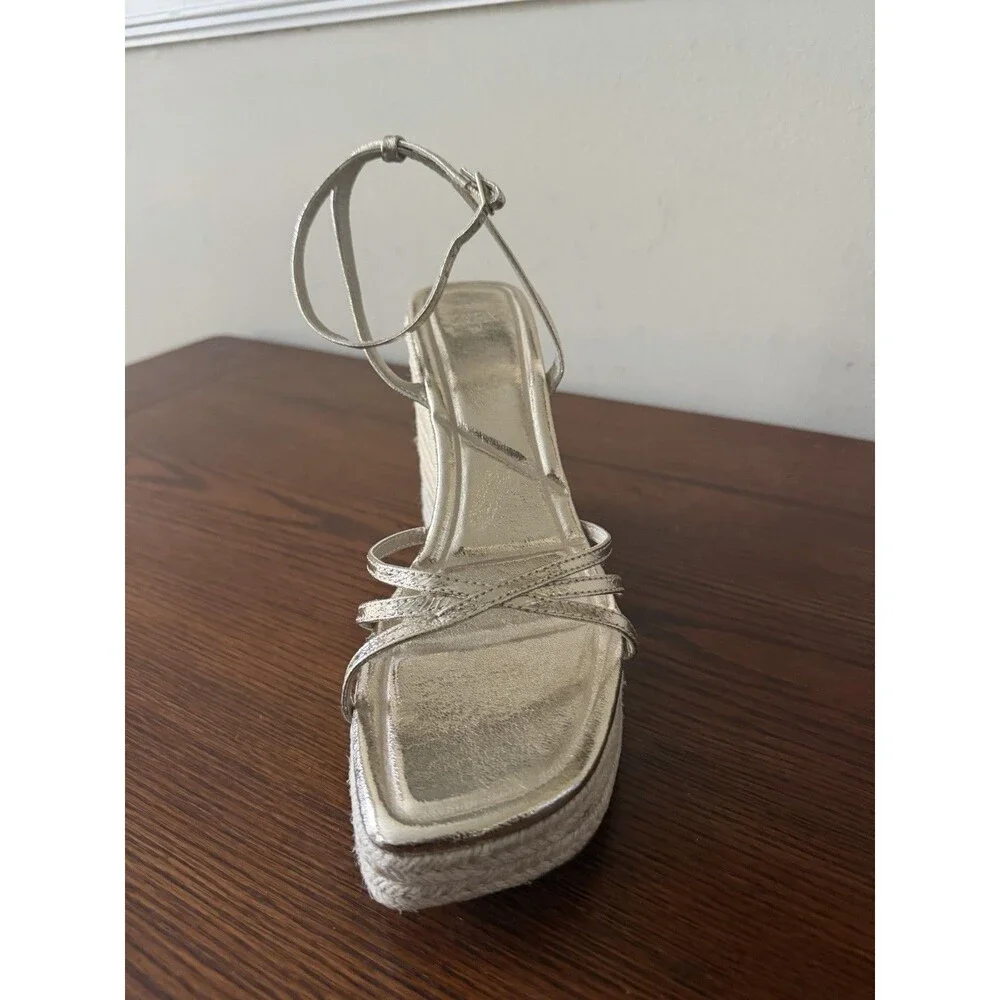 Zara Gold Metallic Espadrille Wedge Sandals Women's Size 9 Strappy Platform - Picture 10 of 12